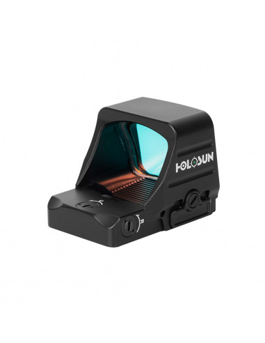 Front and side view of Holosun HE507COMP-GR green dot sight with large window and CRS reticle system.