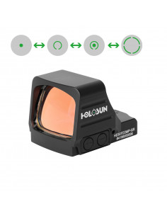 Front and side view of Holosun HE507COMP-GR green dot sight with large window and CRS reticle system. 2