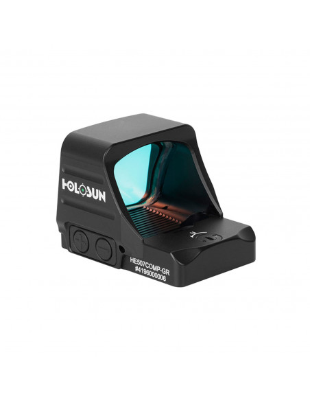 Front and side view of Holosun HE507COMP-GR green dot sight with large window and CRS reticle system. Front and side view of Holosun HE507COMP-GR green dot sight with large window and CRS reticle system.