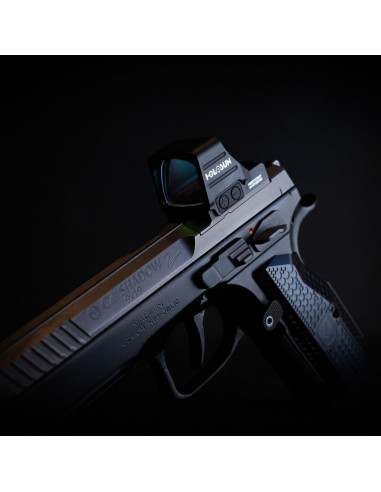 CZ shadow 2 Holosun HE507COMP-GR green dot sight with large window and CRS reticle system.