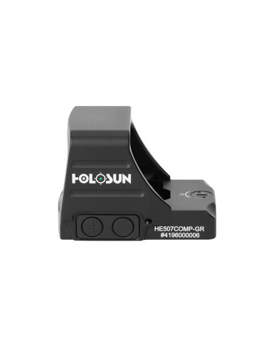 side view of Holosun HE507COMP-GR green dot sight with large window and CRS reticle system.