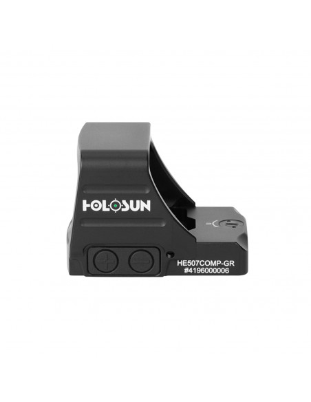 side view of Holosun HE507COMP-GR green dot sight with large window and CRS reticle system. side view of Holosun HE507COMP-GR green dot sight with large window and CRS reticle system.