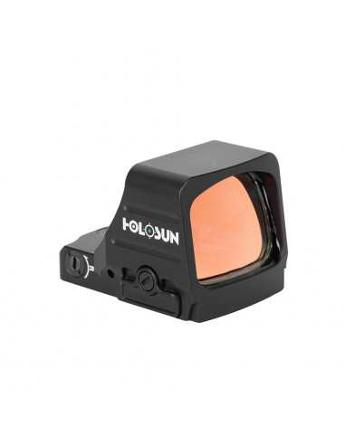 Front and side view of Holosun HE507COMP-GR green dot sight with large window and CRS reticle system.